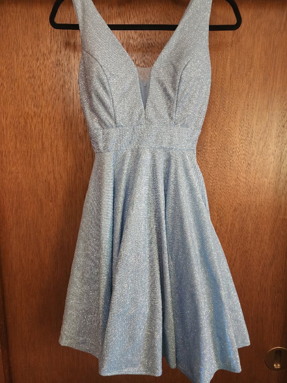 Short Sky Blue Glitter Dress with Pockets